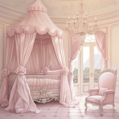 panoramic view, full view, beautiful elegant royal baby girl nursery room drawing painting, frilly, romantic, fantasy, ethereal, light pink and white colors, beautiful crib with beautiful full flowing canopy, beautiful bling crystal chandelier, soft pink teddy bear, beautiful large Victorian style window with beautiful pink flowing drapes, faux fur rug, sharp focus, high detail, 8k, illustration clipart style, transparent background