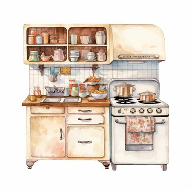 watercolor clipart, small vintage kitchen unit in decent light colors, white background, view from front, high quality, highly detailed, sharpness