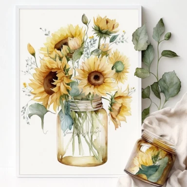watercolor sunflower clipart, sunflower floral bouquet, white background, sunflower bouquet in the jar, no text