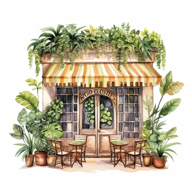 commercial shot of illumination of realistic vintage french cozy cafe clipart, cute plants , french cafe, with plants plants, god rays, high quality, intricate design, clipart witchcore dreamcore cottagecore white background no text, isolated on white, ghibli style, award winning