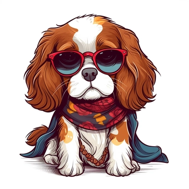 funny kawaii Cavalier King Charles with sunglasses and cool bandana or necklaces,cute illustration, clipart, white backgound, Cuttable Design