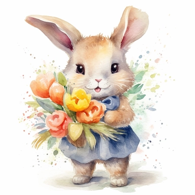 A heartwarming and enchanting collection of watercolor bunny holding flowers clipart, featuring adorable hand-painted bunnies lovingly cradling bouquets of lush flowers. Each bunny is rendered in soft, natural hues that showcase their delightful expressions and fluffy fur. The artist skillfully paints a variety of vibrant and delicate blooms, such as tulips, daisies, and lilies, creating a whimsical and endearing atmosphere. This charming clipart set is perfect for enhancing invitations, station