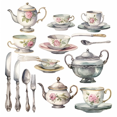 Watercolor vintage china porcailain tea set, illustrations clipart set, simple, soft colors, cartoon elements, different variants, teapot, sugar bowl, jug of milk, , stacked china plates, tongs, china cup and saucer,napkin, stacked teacups, ,silver knife, ,silver fork, ,silver spoon,napkin, place holders, vase of flowers separate elements with a margin