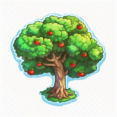 Isometric Sticker Clip Art of Apple Tree, children friendly, illustrated in a playful style, perfect for any special occasion, cut out in the shape of an Apple Tree, with no visible background, giving it the appearance of a sticker, conveying a mystical and whimsical mood, edited with Adobe Photoshop to adjust brightness and contrast, rendered as a transparent PNG file with a high resolution to ensure a crisp and clear image with no pixelation, suitable for various applications such as scrapbook
