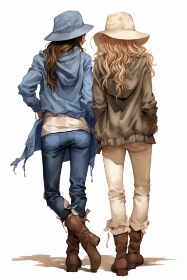 two fullbody women on their backs looking forward , wearing blue pants, hat and jackets, clipart