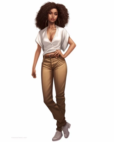 Full body shot, advertising, Clipart beautiful Afro Cuban American woman a Black girl magic young black woman holding a white empty posterboard, in the style of highly detailed illustrations, vibrant colorism, realistic portrait, afro-colombian themes, white and brown, celebrity portraits, intense gaze