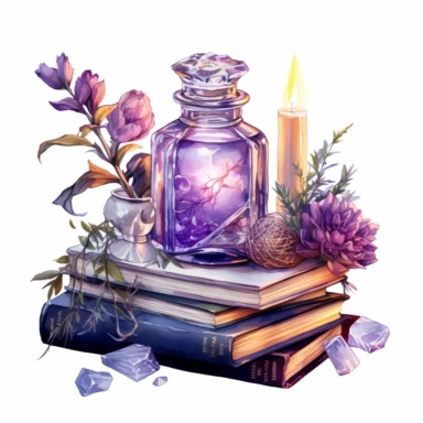 Spellbook, in the style of light silver and violet, mysterious and dreamlike scenes, realistic painted still lifes, vibrant watercolors, dreamlike installations, witchy academia, contest winner, watercolor clipart