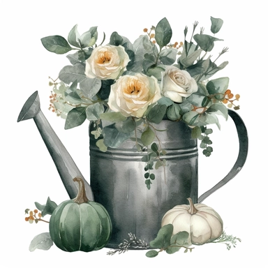 Dark Green Rustic Watering Can, Green Gray Pumpkin, Bouquet of Cream Roses, Green Leaves, Gray Eucalyptus Leaves, White Fruits, Watercolor, Clipart, Illustration, White Background No Watermarks