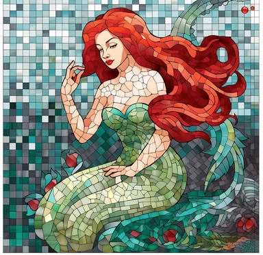 ariel the little mermaid png video, princess ariel png clipart, in the style of drew struzan, lowell herrero, grid-based, mosaic-like, thomas kinkade, light red and dark green, in white background, feminine sticker art