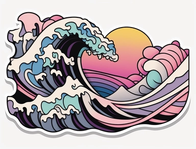 discreet and minimalist, a cute, kawaii, vector, great hokusai surfing wave, psychedelic surrealism, pastel colors, subtle gradients, aurorapunk, massurealism, lisa frank style, geometric, clipart, black contour, sticker, isolated on a white background, 8k 3d