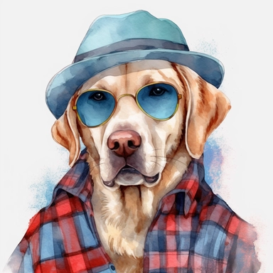 watercolour of a Labrador Retriever wearing a plaid flannel shirt with a denim vest over it, Complete the look with a wool hat and aviator-style sunglasses, clipart, colourful, pastel, 4k, single sheet 9:16