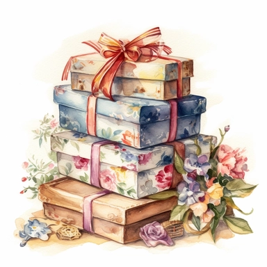 insanely beautiful pile of 3 gift packages , in the style of beatrice potter, 32k uhd, hand-painted details, pastoral illustrations, amazing colour combinations , aquarellist, hd , white background clipart ,-- no watermark--ar 27:37