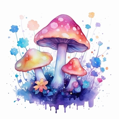 Watercolour Magic Mystical Mushrooms clipart watercolor style , dreamy color, anime style, ghibli , trippy , planet , stars, epic, flowers