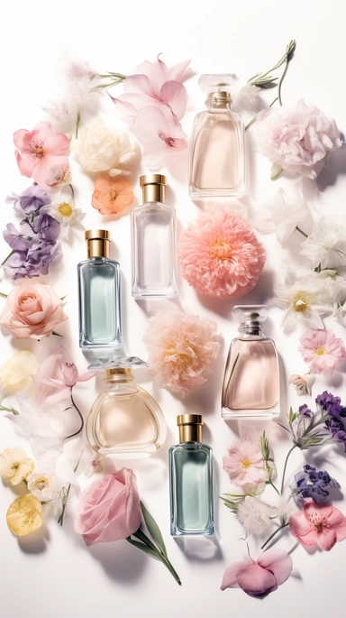 realistic watercolor illustration. clipart. different shape of pastel perfume bottles with variation randomly placed on a white soft background. flowers. roots. sophisticated. made entirely out of different types of flowers and perfume bottles standing tall against a white background. The image is designed as a poster. perfect for printing and sharing with friends and family. knolling