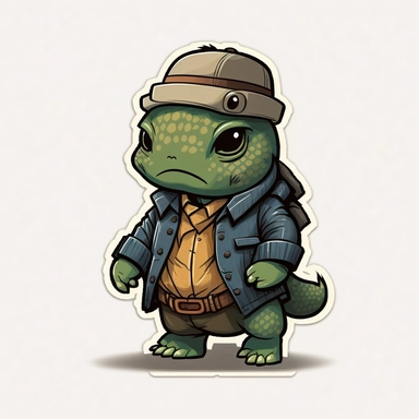 small cute anthropomorphic Chibi turtle animal, dressed like a man, wearing jeans and t-shirt, clipart, in sticker style, in comics style, cell shading