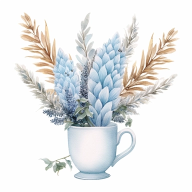 {pastel blue, light blue, soft blue, pale blue} Foxtail bouquet in tea-cup, wet on dry watercolour style, clipart, white background