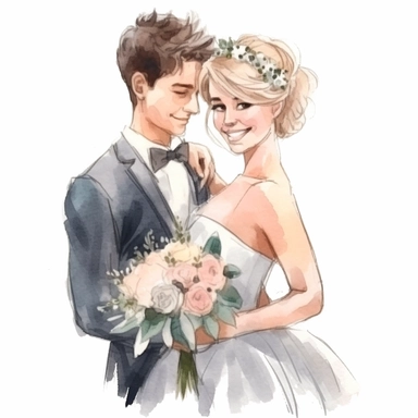 watercolor, drawing, illustration of the bride and groom, bride short hair, laughing, wedding dance, holding a bouquet, flowers, clipart, high resolution format, photorealistic, 3D. 4K