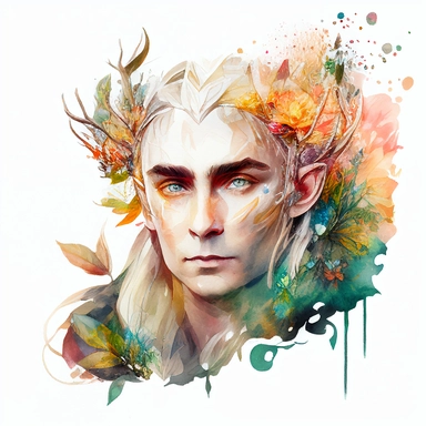 a big head elf from the hobbit, king of the elves, Thranduil , and big eyes , watercolor detailed, clipart, with flowers, white background, hd image, portrait.
