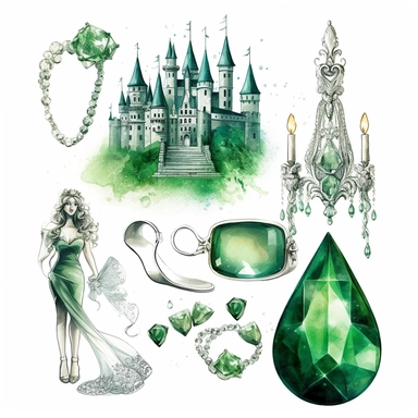 Emerald City Clipart PNG Set, emerald princess, Watercolour Illustration clipart, 4K, extremely detailed