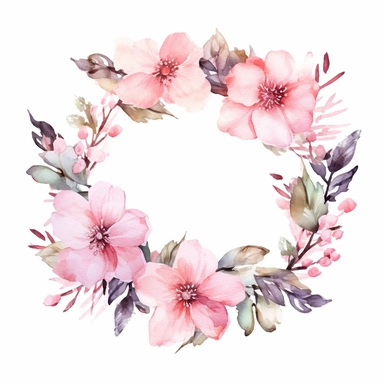 beautiful watercolor floral wreath with decorative elements, pink, flowers, leaves, clipart, isolated on white background, bojo, vintage, lithograph, 32k uhd, texture