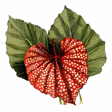 Clipart, Polka Dot Begonia's, also known as Begonia Maculata Leaf, tropical botanical plant from Brazil, with large angel wing shaped leaves, in a vibrant olive green color, deep red undersides and polka dot finishes on top. It has silver spots on its surface and a crimson reddish underside
