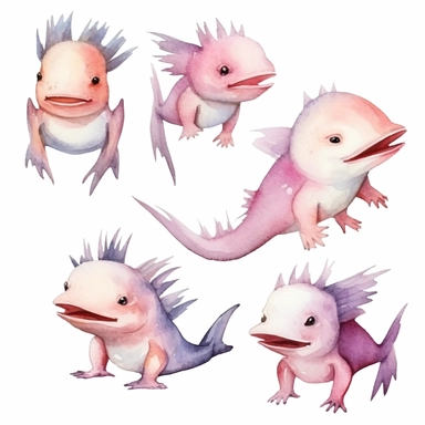 Watercolor Axolotl, Various expressions and emotions, clipart, isolated on white background