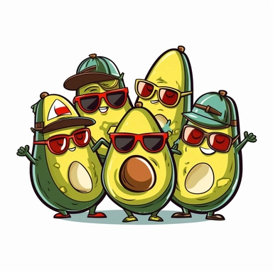 A group of cool avocados in sunglasses and caps, posing together as a squad clipart