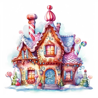 watercolor beautiful vintage Christmas gingerbread house candy house with icing fantasy clipart, whimsical, detailed watercolor style, on white background