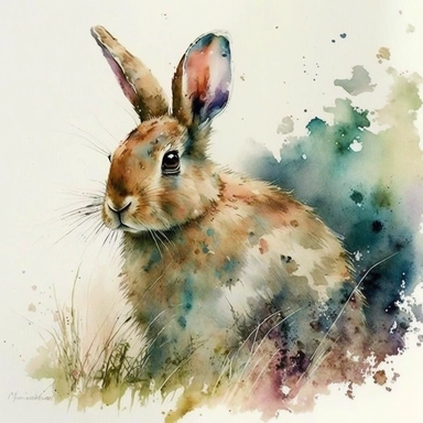 Develop a vibrant watercolor portrait of a rabbit, full of innocence and curiosity. The image should highlight the rabbit's sweet and gentle nature, making it a delightful piece of clipart. The medium should be watercolor, reminiscent of the expressive works of Dean Crouser. The style should be lively and dynamic, allowing the colors to narrate the story. The lighting should be subtle and even, maintaining the focus on the colors and the fluid quality of the brushwork. The color palette should e