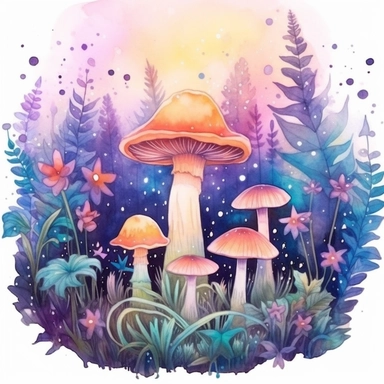 Watercolour Magic Mystical Mushrooms clipart watercolor style , dreamy color, anime style, ghibli , trippy , planet , stars, epic, flowers, Phantasmal Iridescent