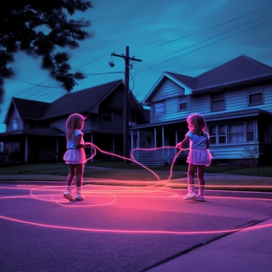 Young girls playing jump rope game in suburban neighborhood, bold colors, retro neon style, photorealistic, high-resolution photography, transparent background PNG clipart – ar 16:9