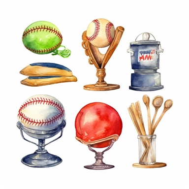 Watercolor cute little baseball trophy related items , illustrations clipart set, simple, christmas colors , cartoon elements ,different variants , championship cupseparate elements with a margin, 4k, high resolution