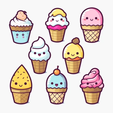 kawaii minimalist ice-cream clipart, white background, black and white line only
