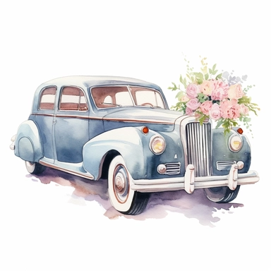 watercolour wedding car, clipart on white background, highly detailed, professional color gradation, clean sharpness