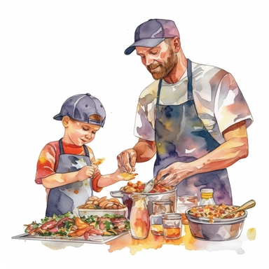 A father and son cooking together in the kitchen, wearing chef hats and aprons, Watercolor, Clipart, detailed, high resolution, transparent background PNG