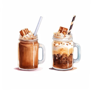 watercolor clipart set of 2 illustration of hot chocolate in glass with straw , white background