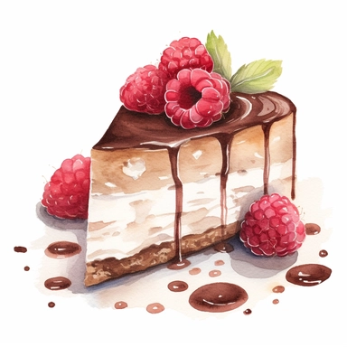 This highly detailed watercolor clipart depicts a heavenly Chocolate Cheesecake on a pristine white background. The artwork showcases the luxurious combination of creamy white chocolate and tart raspberries. The cheesecake is exquisitely rendered with intricate brushstrokes, highlighting its velvety texture and rich flavor. Plump raspberries add a vibrant burst of color, enhancing the visual appeal. Against the clean white backdrop, this clipart exudes an irresistible allure, making it perfect f