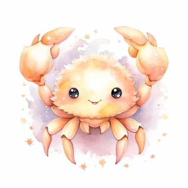 sweet kawaii glowing marine crab in watercolor style, hand painted hand drawn watercolor clip art, soft pastel pink, peach, gold, white, ethereal on a isolated white background