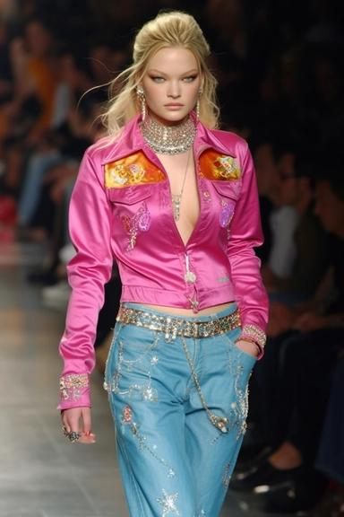 The Pop outfit style of the 2000s showcases bright and metallic colors. Low-rise jeans and Juicy Couture tracksuits dominate the era. Velour and rhinestones create a plush and sparkling look. Bling jewelry and butterfly hair clips add the perfect finishing touches.
