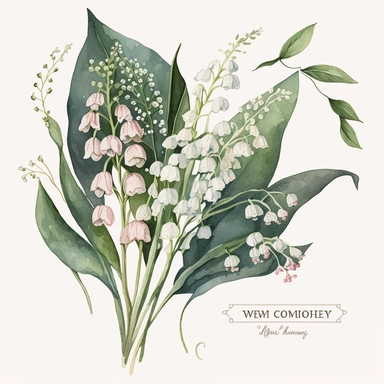 A watercolor clipart featuring a delicate bouquet of muguet (lily of the valley) flowers. The flowers are depicted with intricate details, capturing the texture and delicacy of each petal and leaf. The bouquet includes a variety of muguet flower types, such as small sprigs with delicate flowers and long stems with clusters of blooms. The watercolor technique used in the painting gives the image a soft, dreamy quality, with the colors blending together in a way that suggests movement and life. Th
