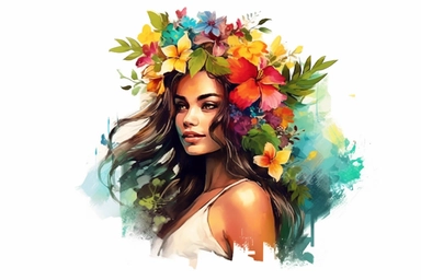 Beautiful hawaiian woman with colorful vibrant tropical flowers, watercolor clipart