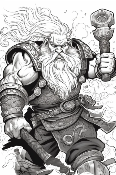 realistic style, bold black lines, fantasy dwarf in combat using axes and hammers hitting themed colouring page, bold black lines, clipart, digital art, colouring page for adults