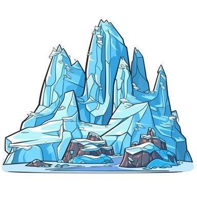Frozen glacier concept, cartoon style art, classic 2D vector art with white background, high detail, clean lines, solid white background, thick black border, clipart, clip art, bright colors