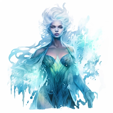a watercolor clipart with white background of a ice queen with a frosty gown and icy powers, in the style of neon realism, detailed atmospheric portraits, dark and intricate, serene faces, yup'ik art, 2d game art, glowwave, 2d, glowwave, ethereal figures