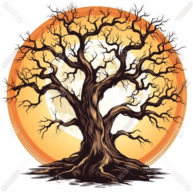 clipart a creepy, crooked tree, Halloween theme with lightening bolts and a full moon. vector, white background, cartoon