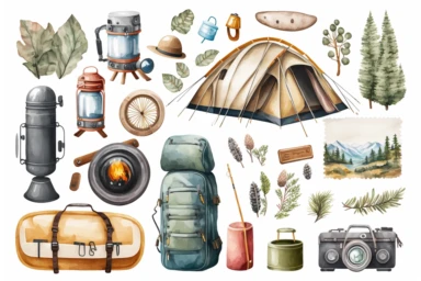 travel items clipart set isolated on white. Watercolor camping concept illustration set. Tourism themed design on a white background, watercolor, hyperrealism, high detail, separate elements, set