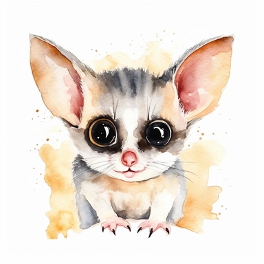 watercolor clipart of Tiny and adorable sugar glider, super cute, loveable, big eyes, white background