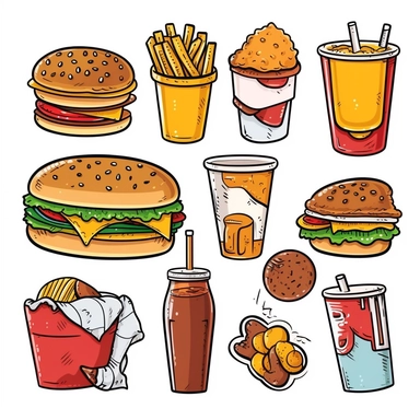 yellow color fast food cliparts bundle in white color background, Food menu clipart, restaurant menu clipart narrative clarity, white background, illustration drawing, transparent background, clean and elegant, minimalisitc, very detailed, vector illustration clipart