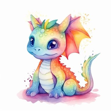 Cute Rainbow Dragon Watercolor Clipart, in the style of digital airbrushing,white background