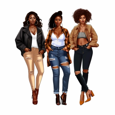 Full body, three full-figure African-American women with brown skin, streetwear, clipart style, white background, highly detailed, very attractive, glamorous, make up beautiful, gorgeous, glowing, happy, smiling